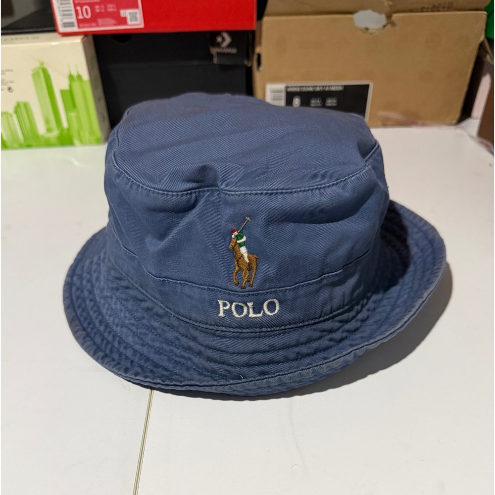 Polo Ralph Lauren Blue Cotton Bucket Hat Embroidered Pony Logo S/M 58cm